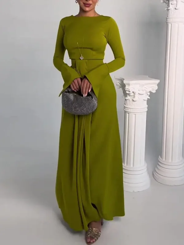 Green Prom Dress Elegant Long Sleeve High Waist Pleated Maxi Gown - Image 3
