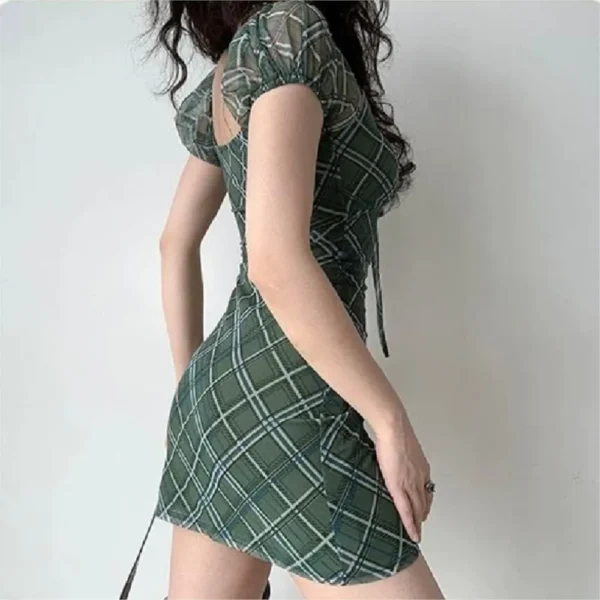 Retro French Green Plaid Puff Sleeve Bodycon Mini Party Dress Women - Image 6