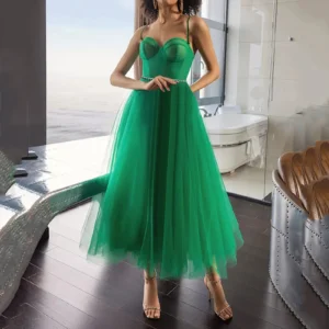 Green Sexy Spaghetti Strap Mesh Dress With Belt For Evening Parties