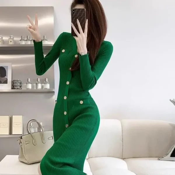 Green Crochet Knee-Length Dress Sexy Split Knitted Midi Bodycon - Image 8