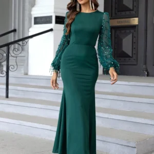 Mesh Green Prom Dress Lantern Sleeve Mermaid Hem Party Dress