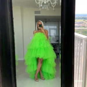 Neon Green Prom Dress Tiered Tulle High-Low Ruffle Maxi Party Gown