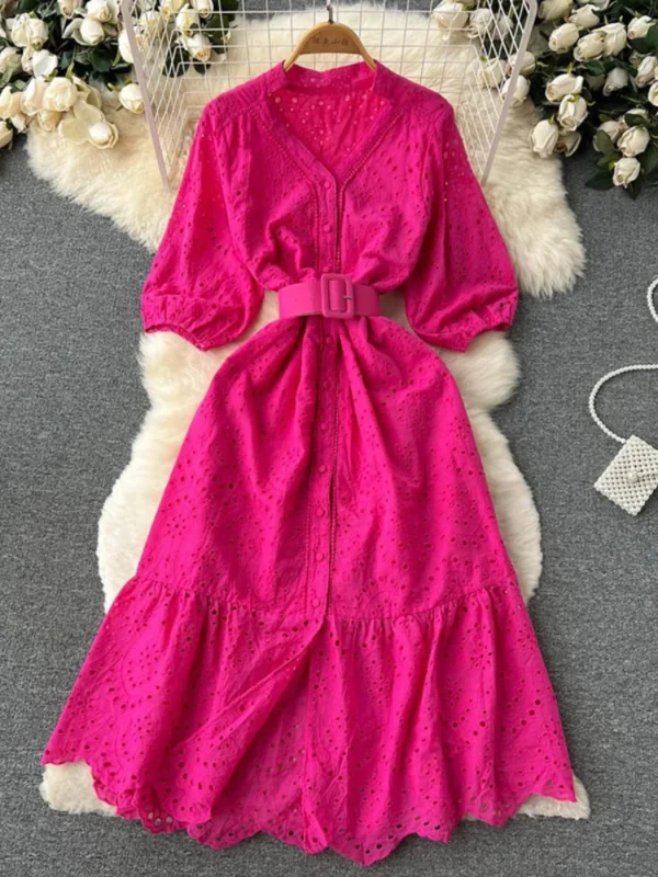 Green White Korean Chic Lace Flower Waist Summer Dress For Women 2025 - Image 2