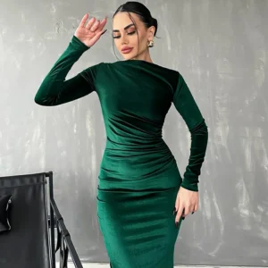 Luxury Green Prom Dress Velvet Long Sleeve O-Neck Midi Dress