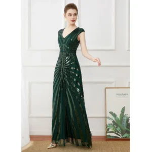 Elegant Dark Green Prom Dress Deep V Sequin Plus Size Maxi Gown