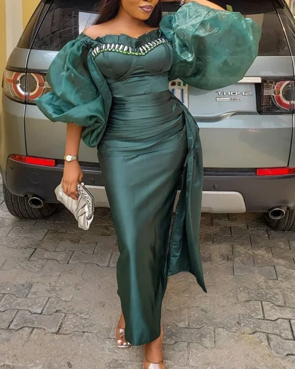 Elegant Green Wrap Bodycon Dress With Ruffles Bubble Sleeve 2025
