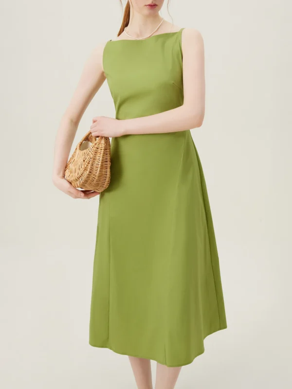FSLE Women Summer Green One-Shoulder Sleeveless Waist Long Dress