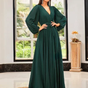 Elegant Green Prom Dress Chiffon V-Neck Long Sleeve Maxi Dress