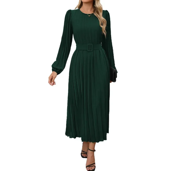 Elegant Dark Green Pleated Maxi Dress Long Sleeve Button Up - Image 5