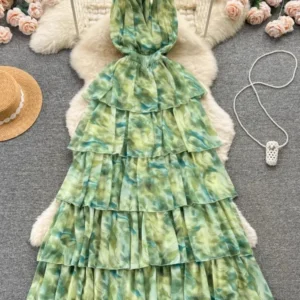 Floral Green Prom Dress Halter A-Line Ruffle Chiffon Maxi Dress