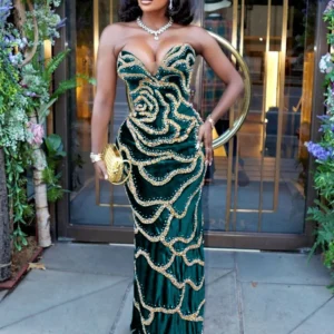 Luxury Green Prom Dress Strapless Sequin Sleeveless Maxi Evening Gown