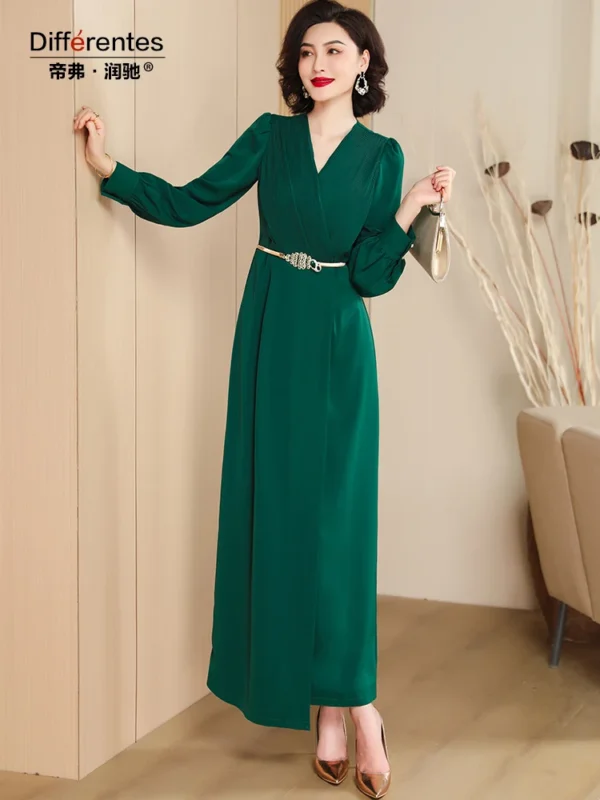 V-neck Elegant Green Long Sleeve Bodycon Evening Party Dress Women - Image 2