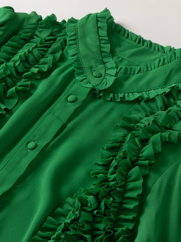 Green Vintage Single Breasted Dress Lantern Sleeve Stand Collar Autumn Fashion - Image 5