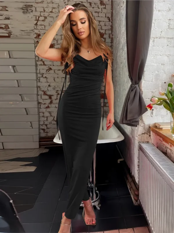 Women’s Summer Green Slim Backless Pleated Spaghetti Strap Dress - Image 4