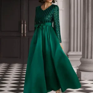 Elegant Green Satin Sequin V Neck Long Sleeve Formal Party Dress