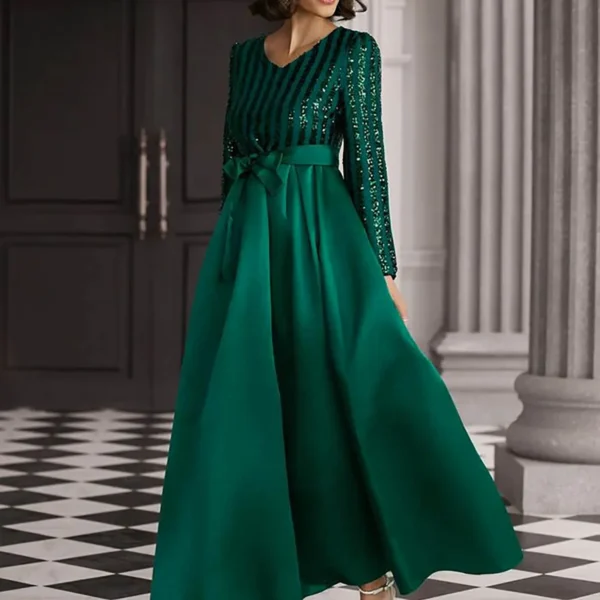 Elegant Green Satin Sequin V Neck Long Sleeve Formal Party Dress