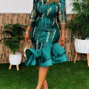 Sexy Green Prom Dress Mesh Sequin Sheath Three Quarter Sleeve Dress
