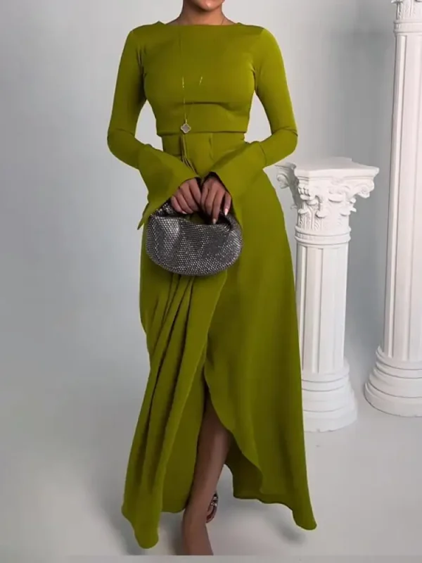 Green Prom Dress Elegant Long Sleeve High Waist Pleated Maxi Gown