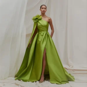 Elegant Green Prom Dress One Shoulder Floral Cape Slit Maxi Gown