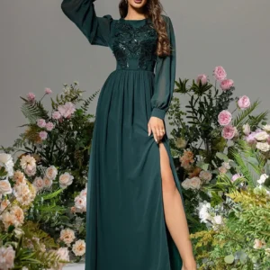Green Prom Dress Sequin Patchwork Long Sleeve Slit Maxi Dress