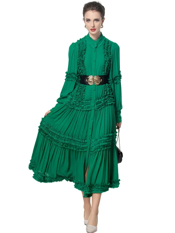Green Vintage Single Breasted Dress Lantern Sleeve Stand Collar Autumn Fashion - Image 3
