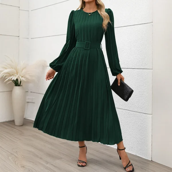 Elegant Dark Green Pleated Maxi Dress Long Sleeve Button Up
