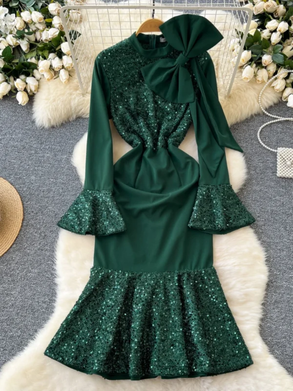 French Green Sequin Bow Fishtail Ruffle Vintage Evening Party Dress