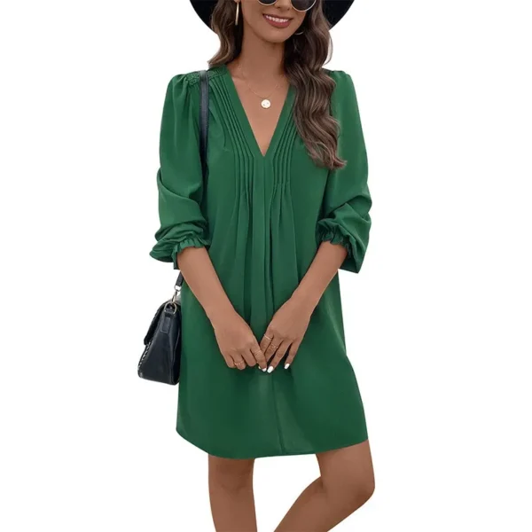Elegant Green V-Neck A-Line Pleated Mini Dress With Lantern Sleeves 2025 - Image 4