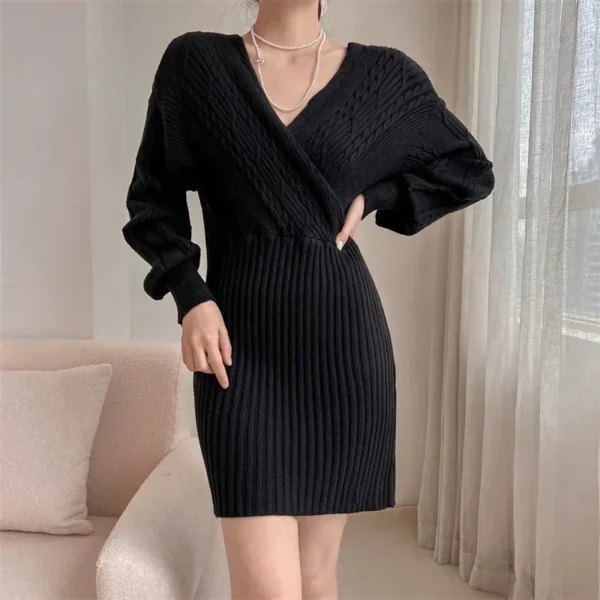 Women Green V-Neck Knit Crochet Dress Sexy Y2K Streetwear Jumper - Image 4