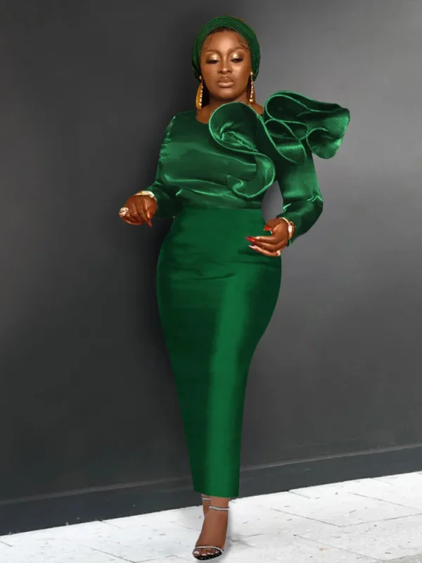 Green Ruffle High Waist Bodycon Dress Long Sleeve Party Gown