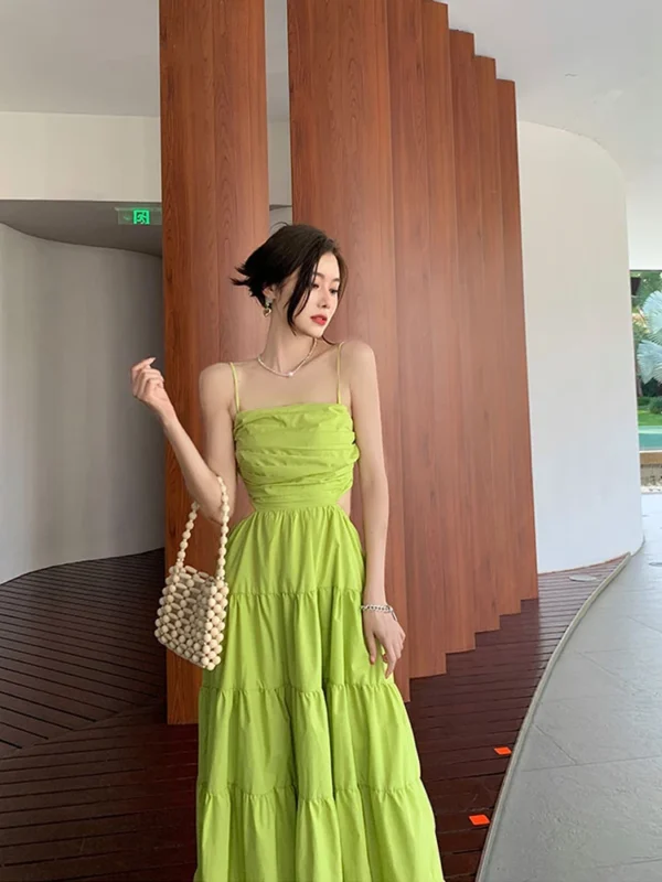Sexy Hollow Out Green Sleeveless High Waist Midi Dress 2025 Summer - Image 2
