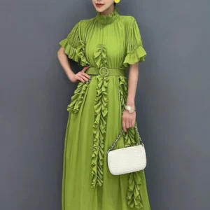 Vefadisa 2025 Summer Green Dress Ruffled Sleeves Waist Cinching 3D