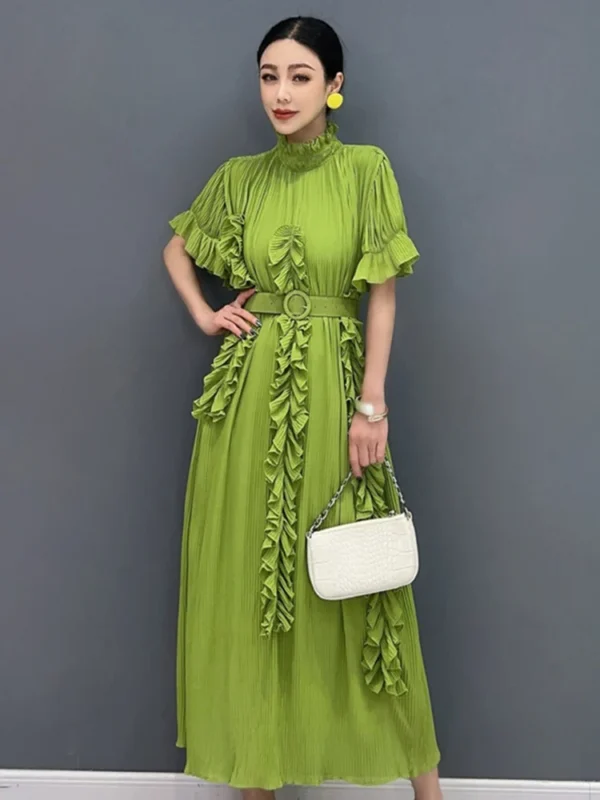Vefadisa 2025 Summer Green Dress Ruffled Sleeves Waist Cinching 3D