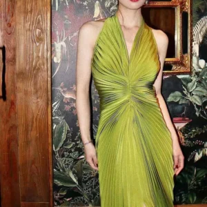 Vintage Green Prom Dress Pleated Camisole Romantic Evening Dress