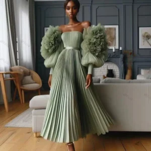 Sage Green Prom Dress Off-Shoulder Floral Tulle A-Line Gown